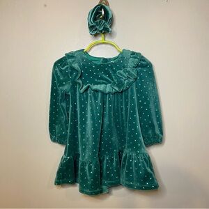 Tahari Green Velvet Dress With Gold Dots & Headband Size 18M